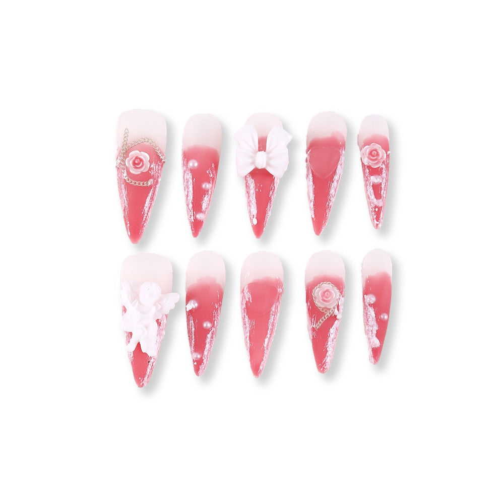 365Nails Milky Cherry Ombré Bow & Rose Stiletto Press-Ons