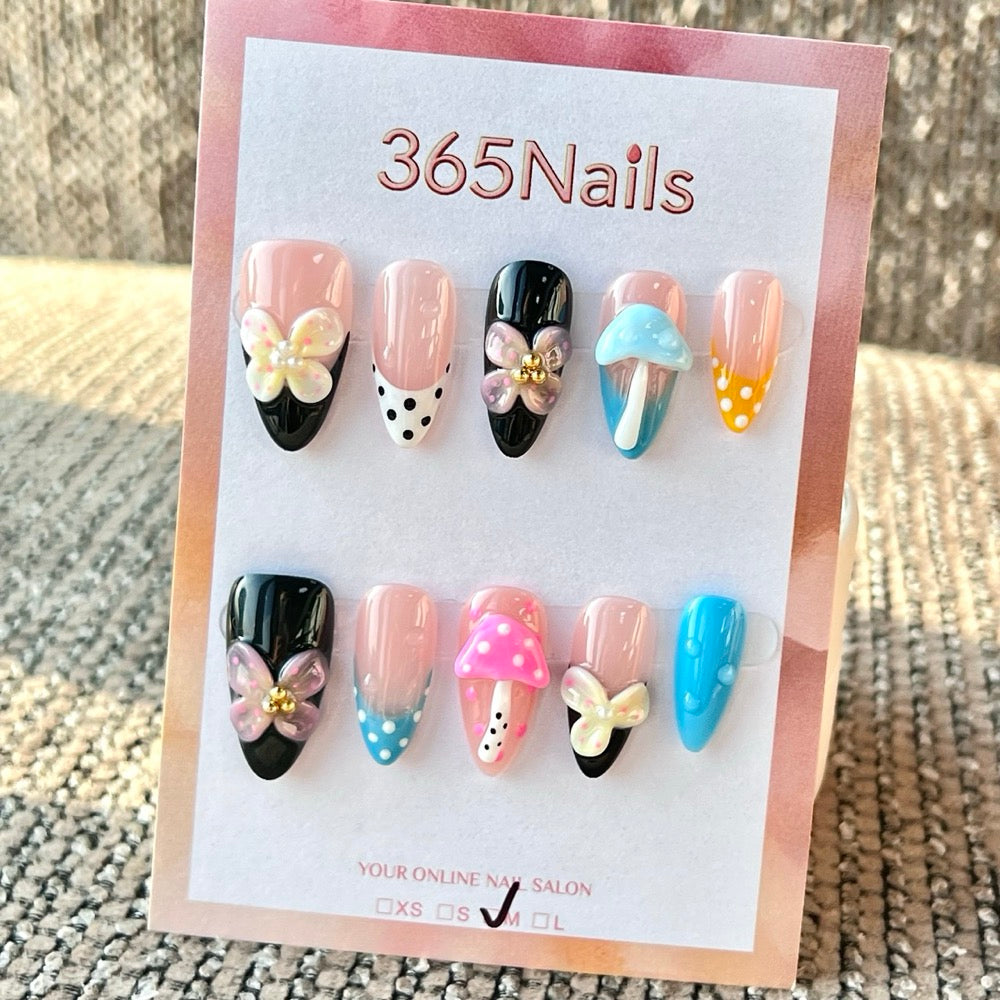 365nails 누드 블랙 머쉬룸 플라워 믹스 수제 미디엄 스틸레토형 프레스온 네일