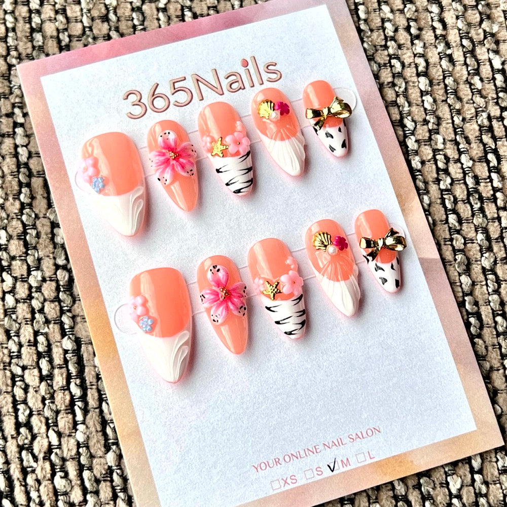 Pêche floral océan - Vente en gros : ongles press-on ultra-doux, ajustement flexible, fait main (MOQ=100)