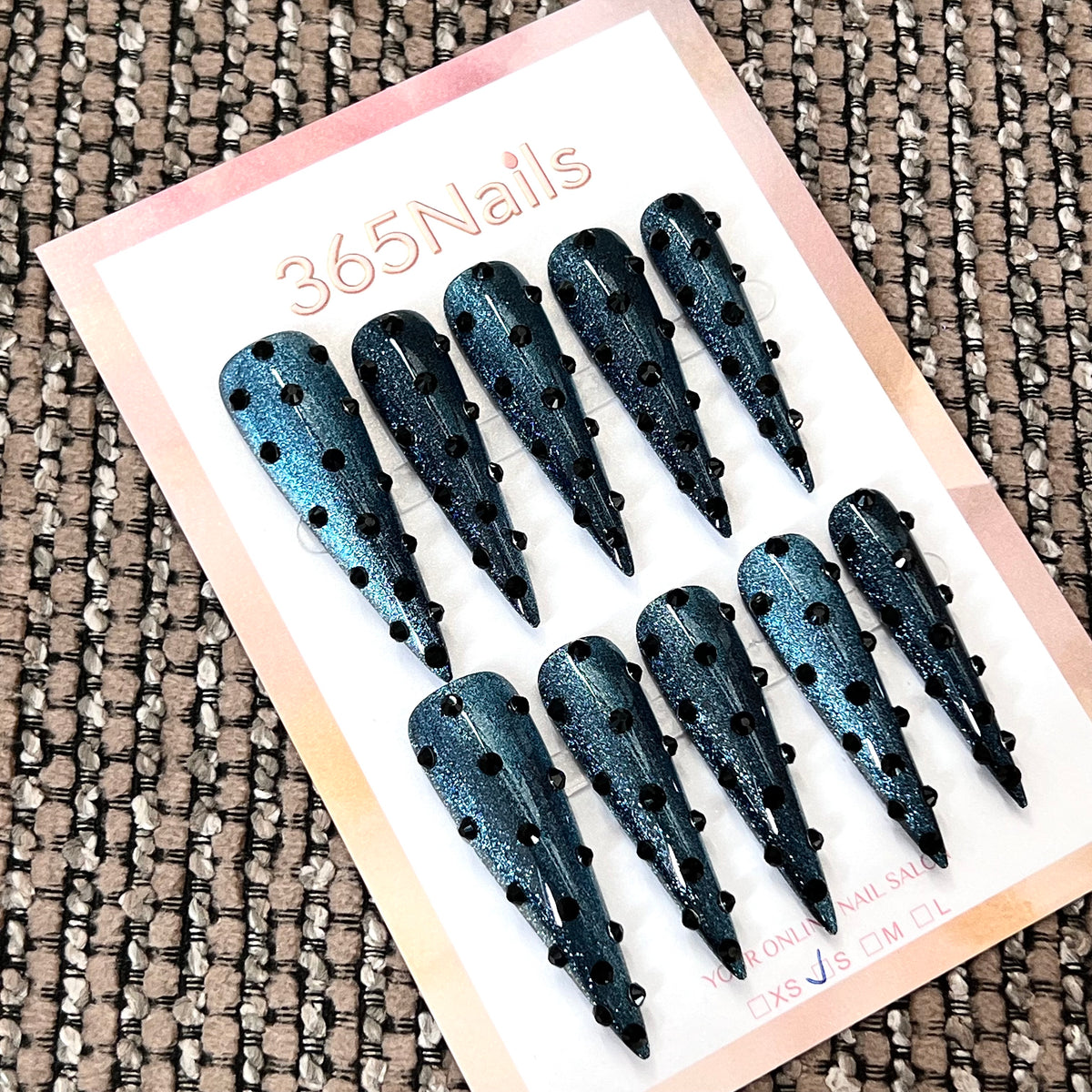Midnight Teal - Black Crystal Stiletto Press-On Nails | Crystal Armor Series