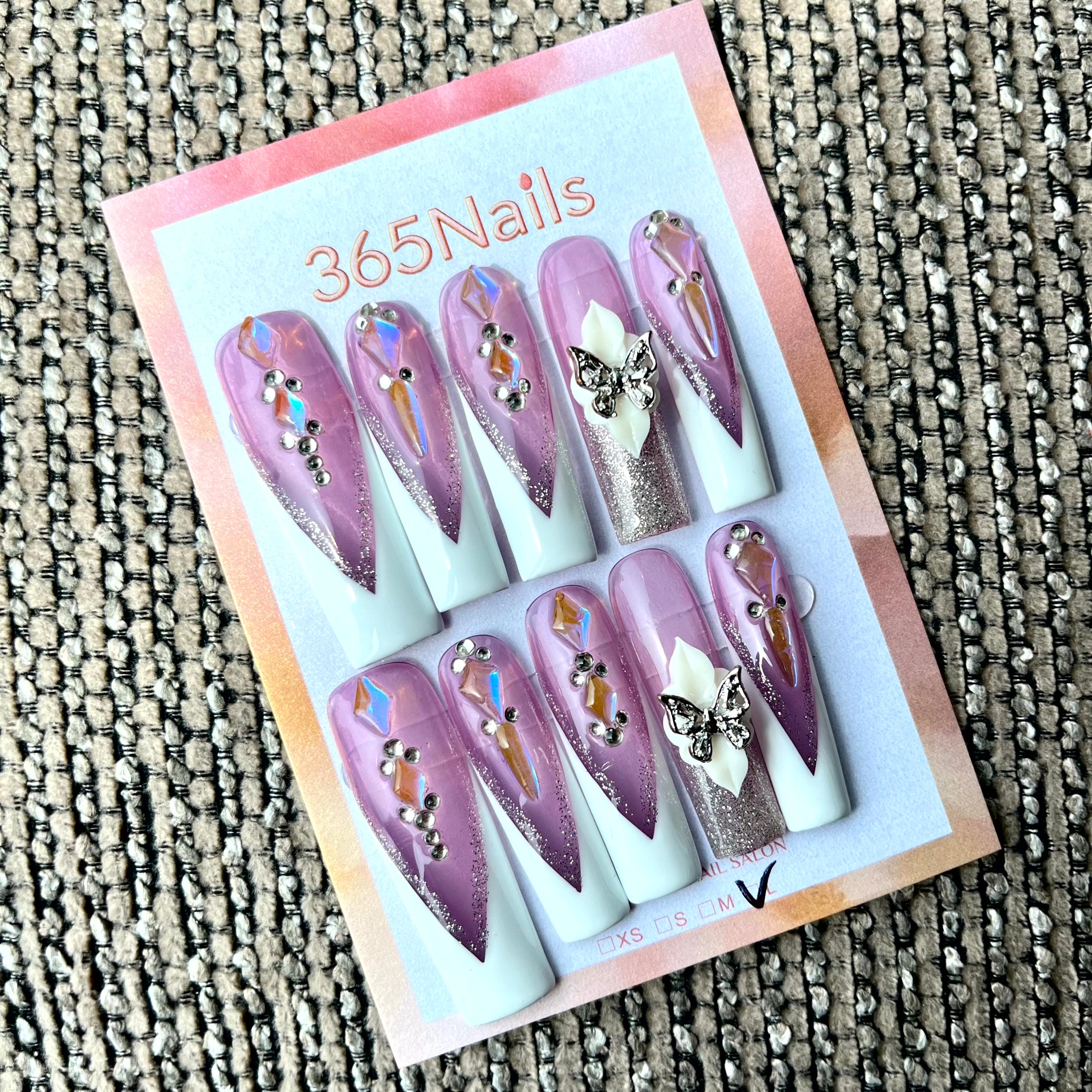365nails: "Amethyst Fantasy" – 3D Butterfly & French Tip Handmade Press on Nails Long Stiletto Nails