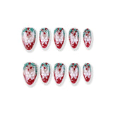Christmas Snowflake Berry Wreath Medium Almond Clear Red and Green Hand Painted press on nail