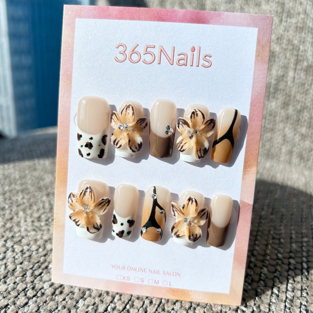 Sculpted Flora: "Wild Mocha Orchid" – 3D Spotted Beige Flowers & Cow Print French Square Nails