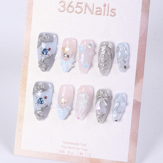 365Nails Icy Blue Seashell Rhinestone Mixed Press-Ons