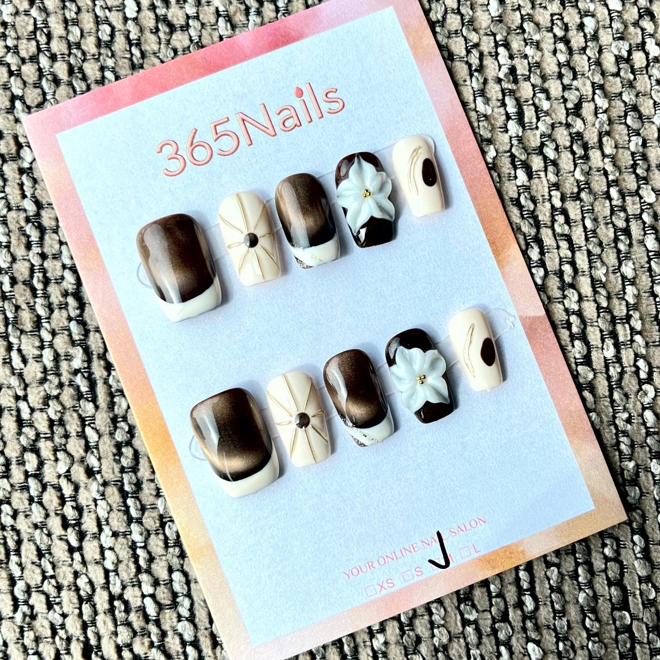 365nails: "Noir Bloom" – 3D Floral & Ombre Handmade Press on Nails Short Square Nails