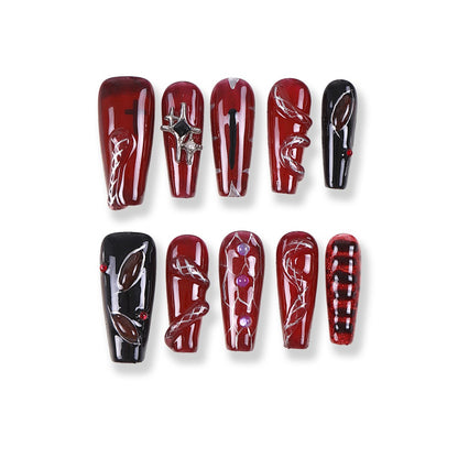 365Nails Crimson Night Press-On Nails with Jelly Burgundy, Chain Swirls and Onyx Contrast