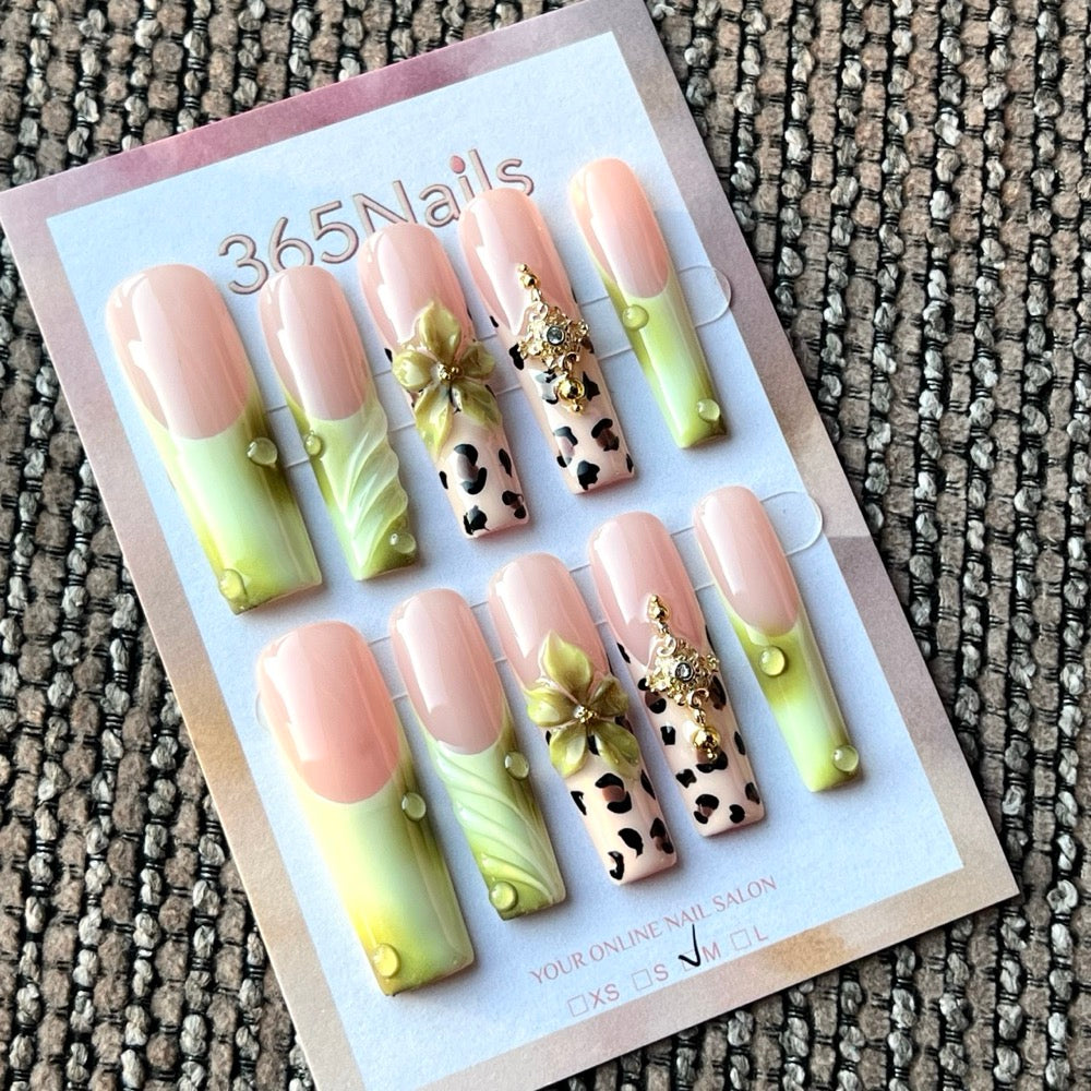 Citrus Safari - Lime Leopard Floral Press-On Nails