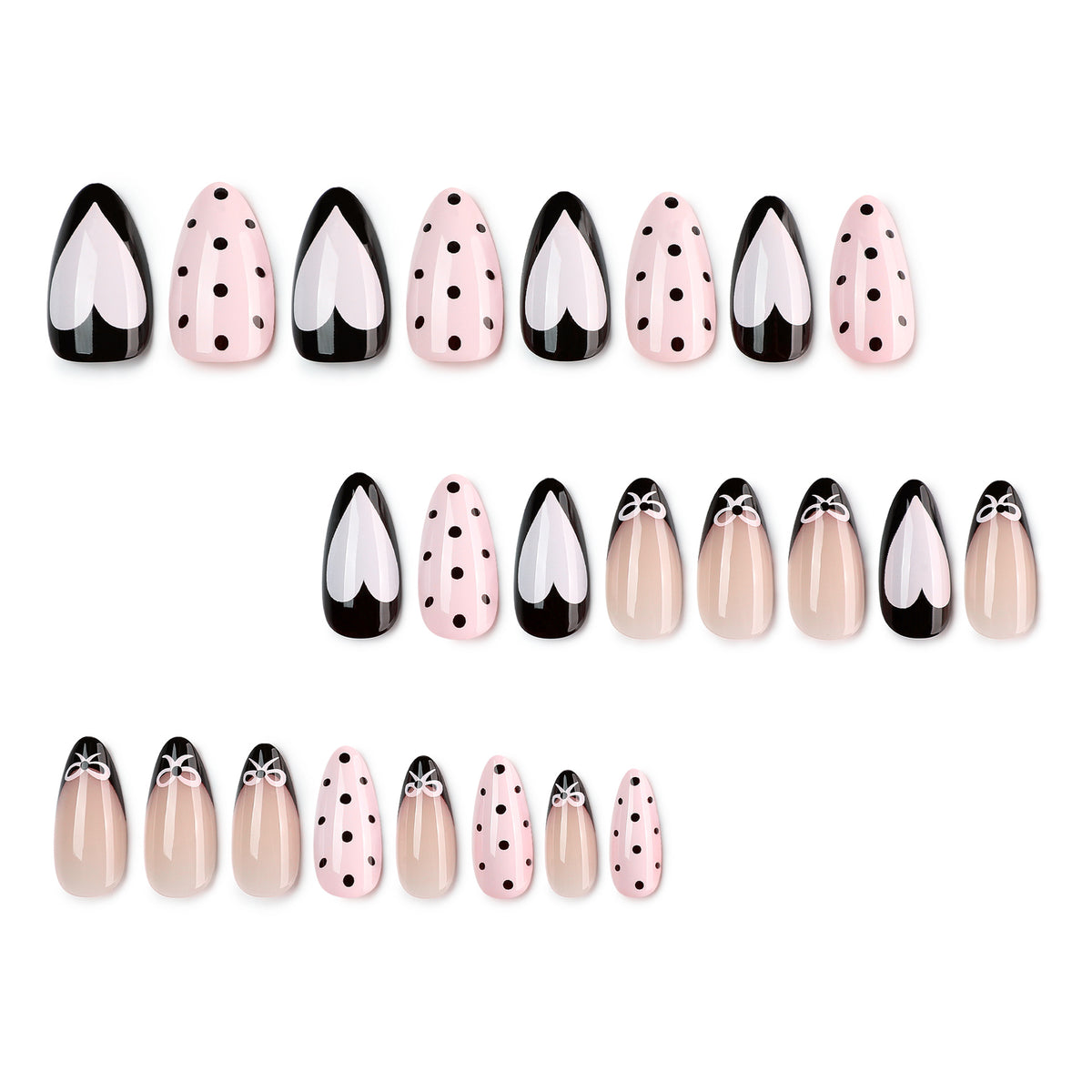 Set of 24 black, pink, and nude press-on nails with hearts and polka dots.