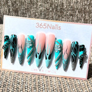 365nails: 청록의 불꽃 – 3D 꽃 장식 & 추상 수제 롱 스틸레토형 프레스온 네일