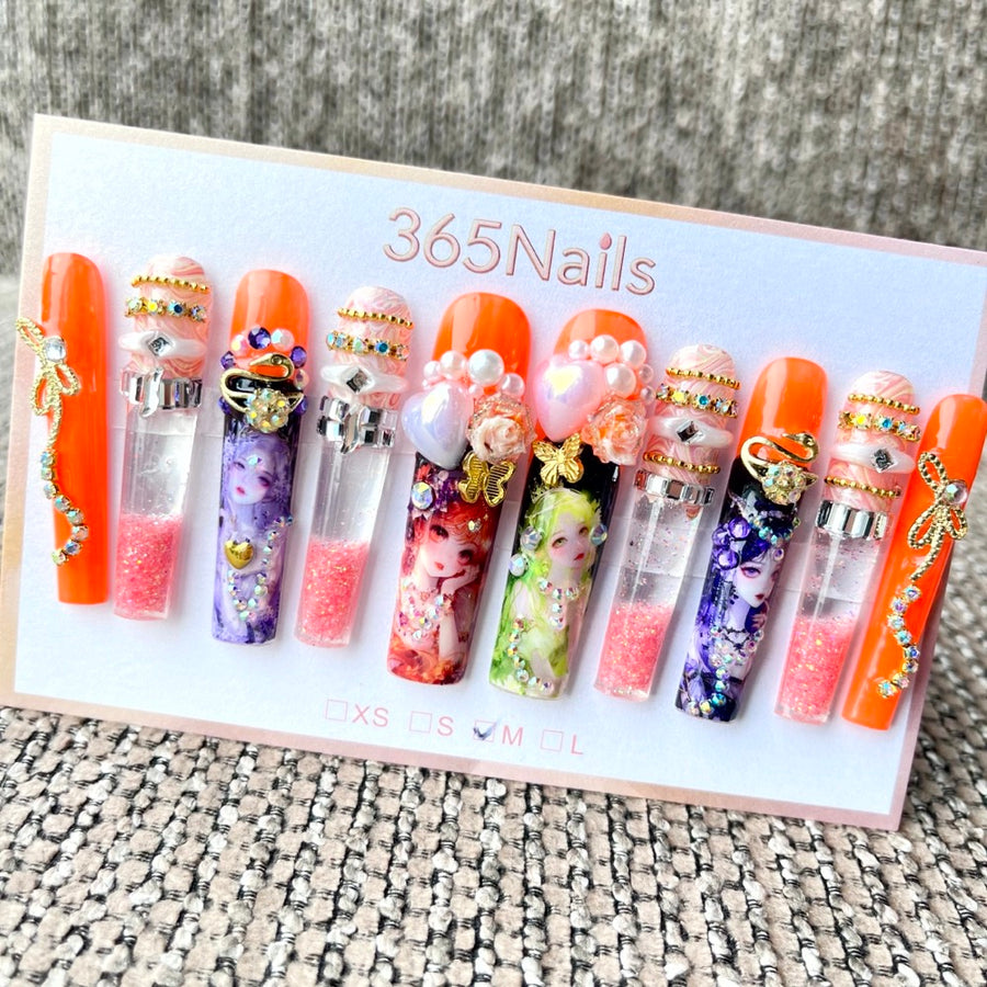 365nails: "Citrus Bloom" – 3D 플로럴 수제 프레스온 네일 코핀형-5.5cm
