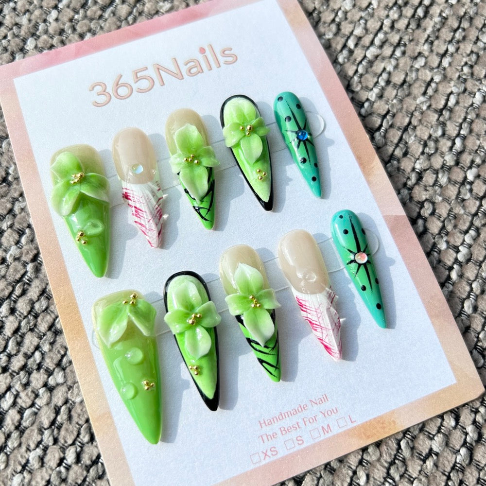 雕塑花藝：「春日露珠」—3D 綠色花卉、水珠與抽象星芒 長款尖形穿戴甲