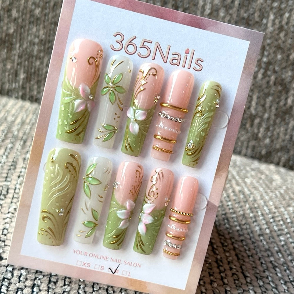 Sage Pearl Vine - Green Floral Pearl Press-On Nails