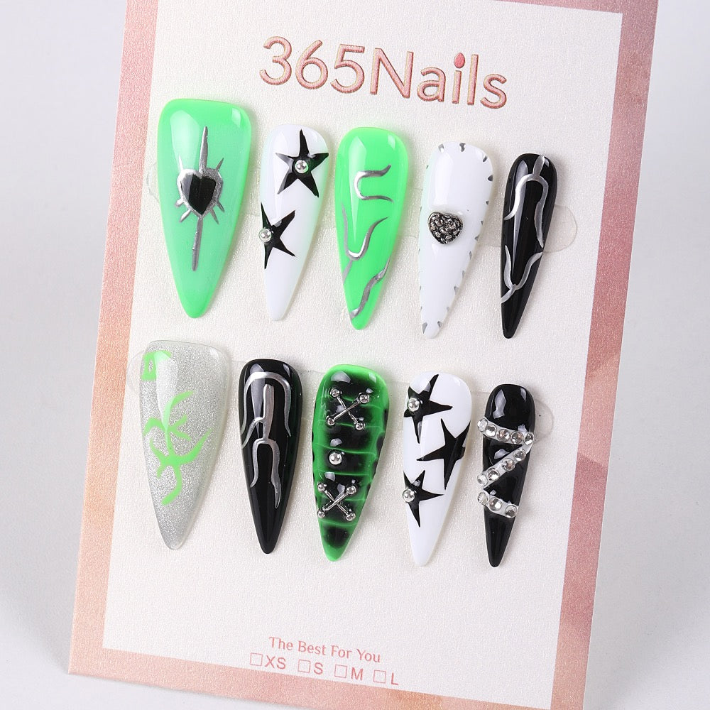 365Nails Cyber Neon Press-On Nails in Lime Green, Black and White with Stars, Studs and Metal Lines