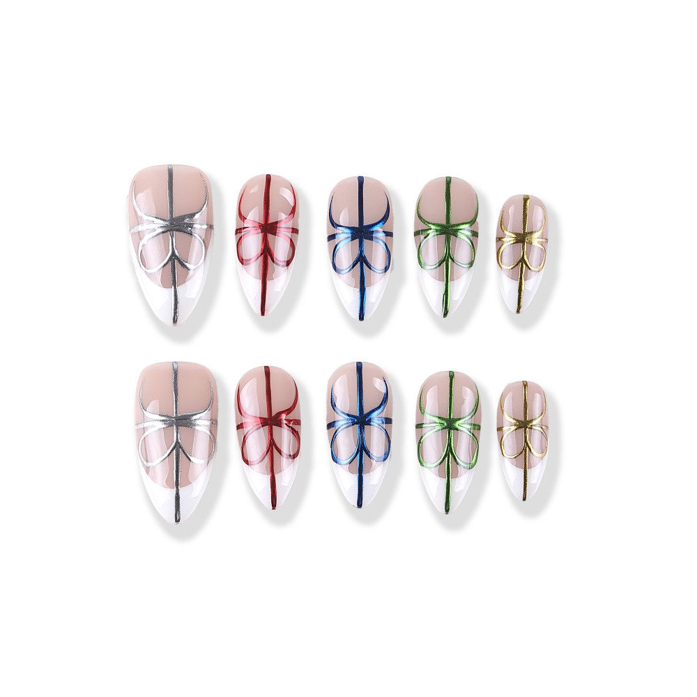 Multicolored ribbon bow French almond Press On Nail