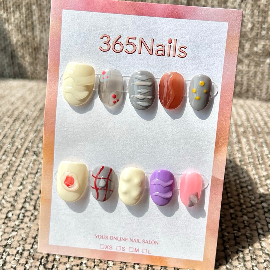 365nails: "Mixed Color 3D Wave Abstract" – Handmade Short Squoval Press-On Nails