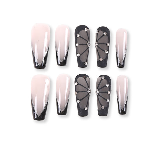 365nails smoky pink with black tulle fan and V-French rhinestone press-ons