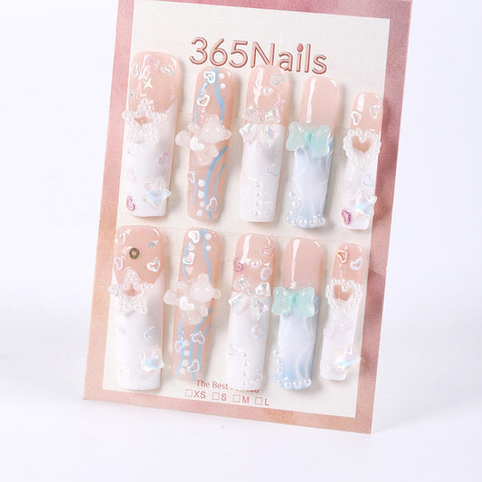 365Nails Pastel Bow Long Coffin Press On Nails with Pearls and 3D Charms