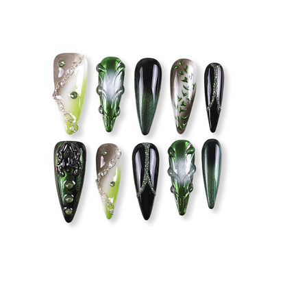 365Nails Dark Green Vine Cat-Eye Chain Press-On Nails