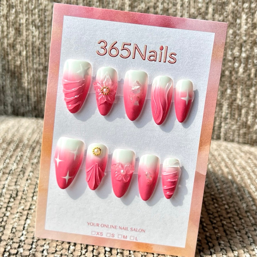 365nails: 핑크-화이트 그라데이션 3D 플라워 수제 미디엄 스틸레토형 프레스온 네일