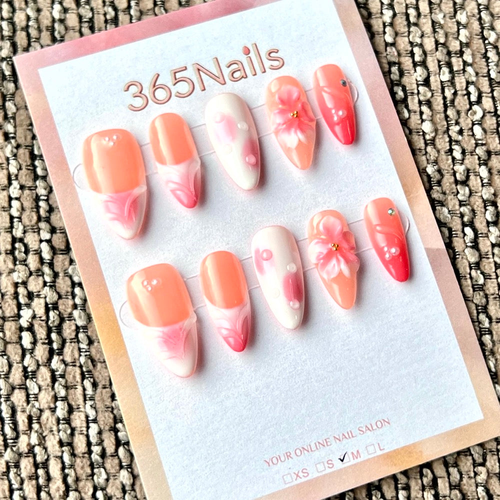 Floral aquarelle pêche — ongles faits main ultra-doux à ajustement flexible — vente en gros (MOQ=100)