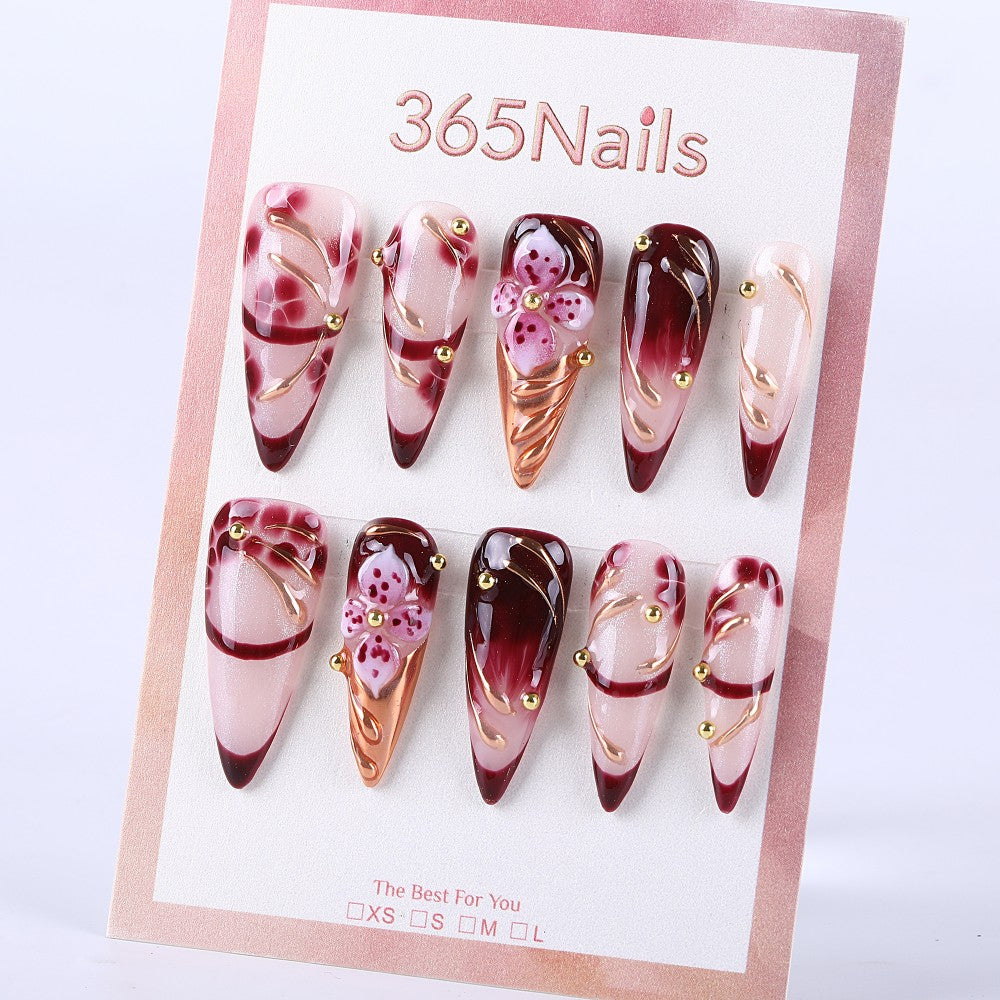 Berry Ice Cream Gold Beaded Long Pointed Hand-painted Press On Nail