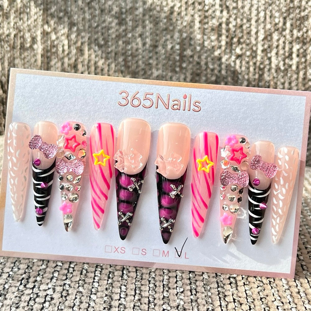 365nails: "Pink Purple Bow Star Long" – Handmade Long Stiletto Press-On Nails