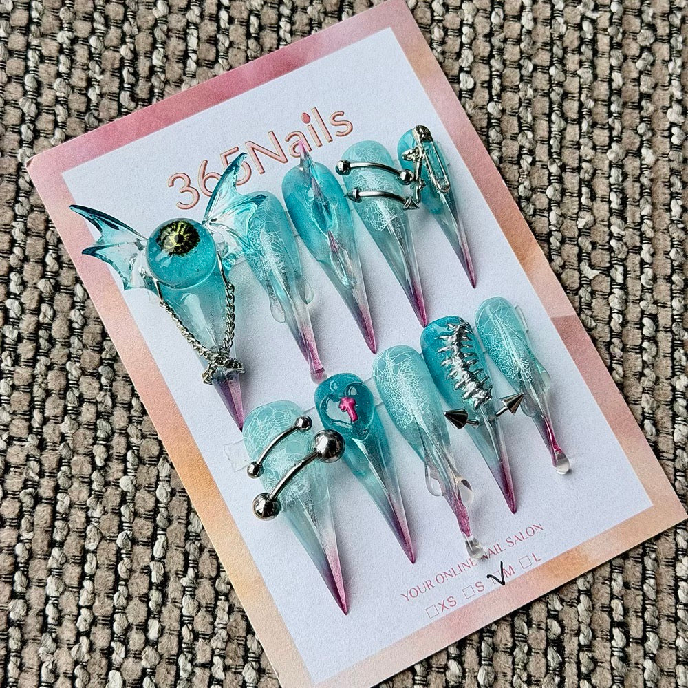 365nails: "Cyan Devil Eye Bat Wing Punk" – 3D Skeleton Piercing Cross Handmade Long Stiletto Nails