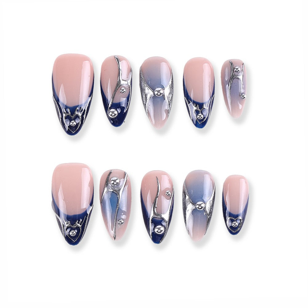 Nude and Navy Metallic Press-On Nails with Silver Lines and Rhinestones ( MOQ=5pcs )