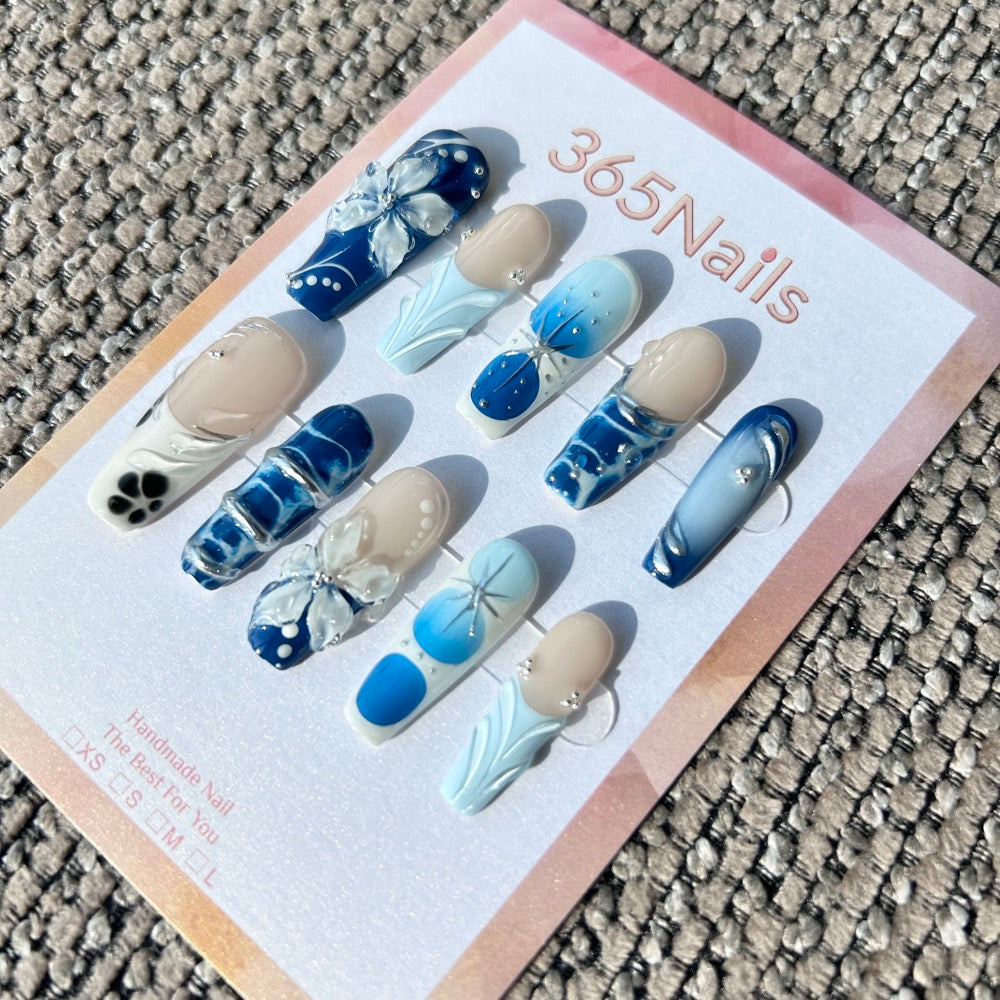 Handmade "Ocean Breeze" Blue & White 3D Floral Press-on Nails | Airbrush Gradient & Textured French | Long Coffin | 10pcs Set