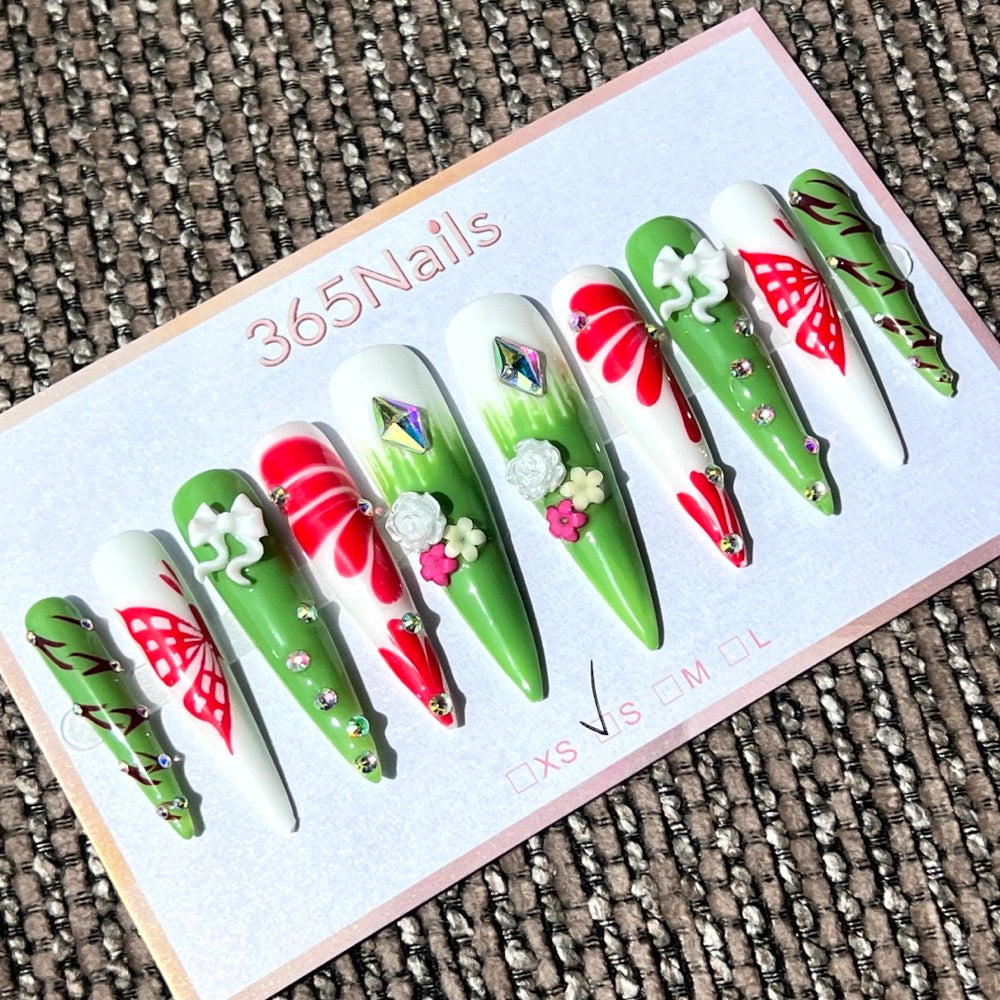 365nails: "Garden Party" – Unhas Stiletto Longas Florais e Borboletas 3D Feitas à Mão