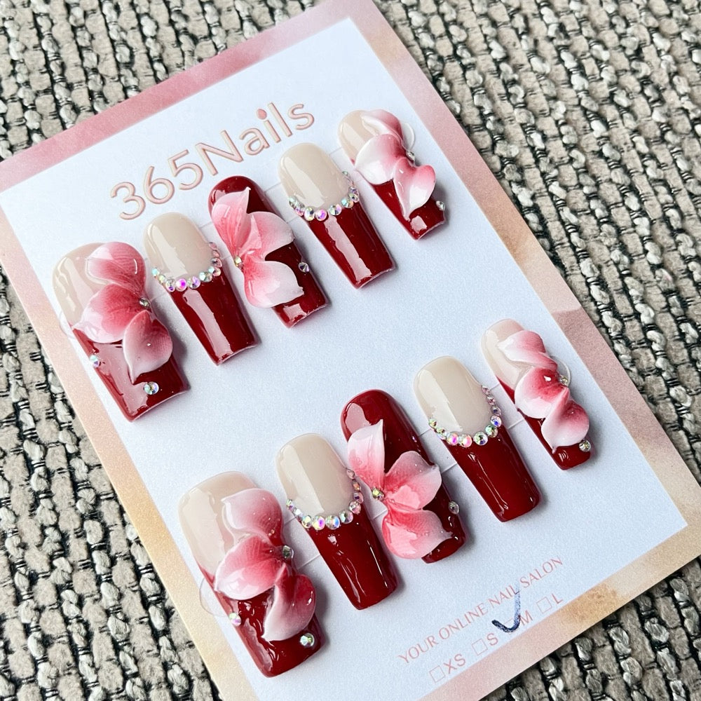 365nails: "Fita de Veludo" – Unhas Quadradas Feitas à Mão com Laço 3D