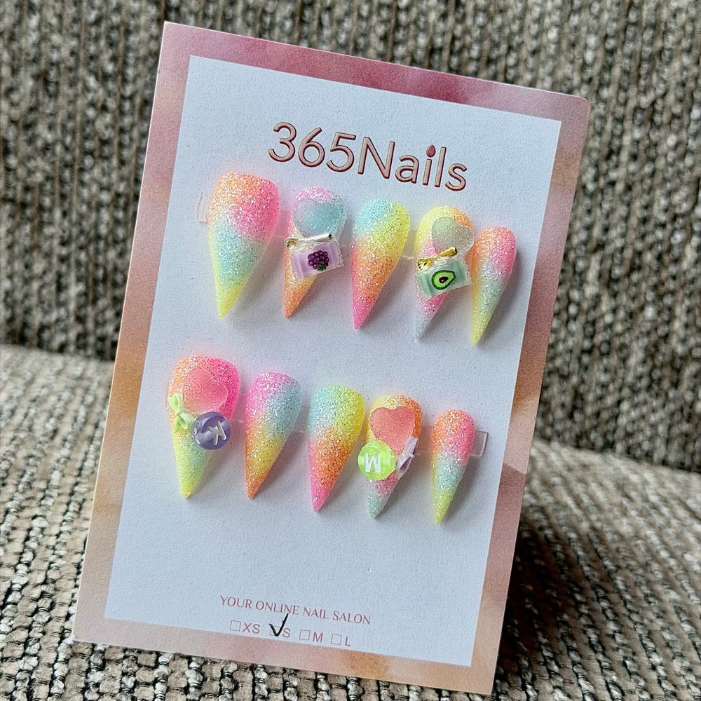 365nails: "Rainbow Glitter Fruit Heart" – 3D Mini Fruit Letter Charm Handmade Stiletto Nails