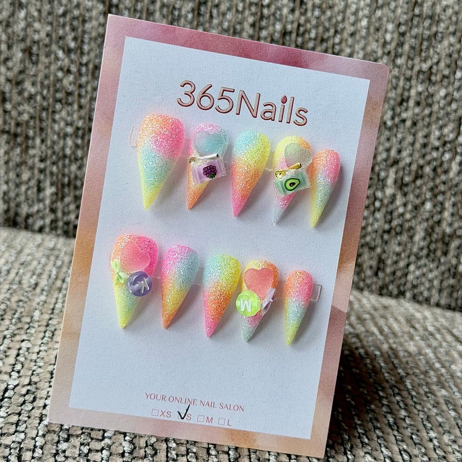 365nails: "Rainbow Glitter Fruit Heart" – 3D Mini Fruit Letter Charm Handmade Stiletto Nails