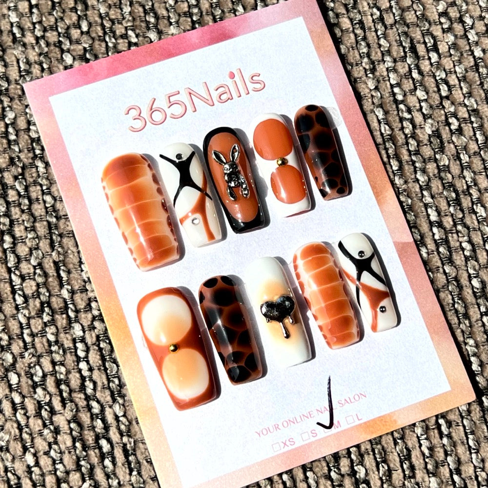 365nails: "Desert Siren" – 3D Bunny & Leopard Print Handmade Almond Nails