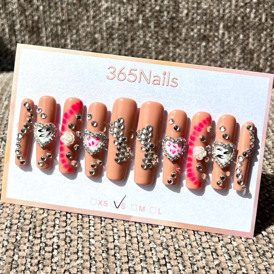 365nails: "Zebra Heartbeat" – 3D Rhinestone & Animal Print Handmade Coffin Nails