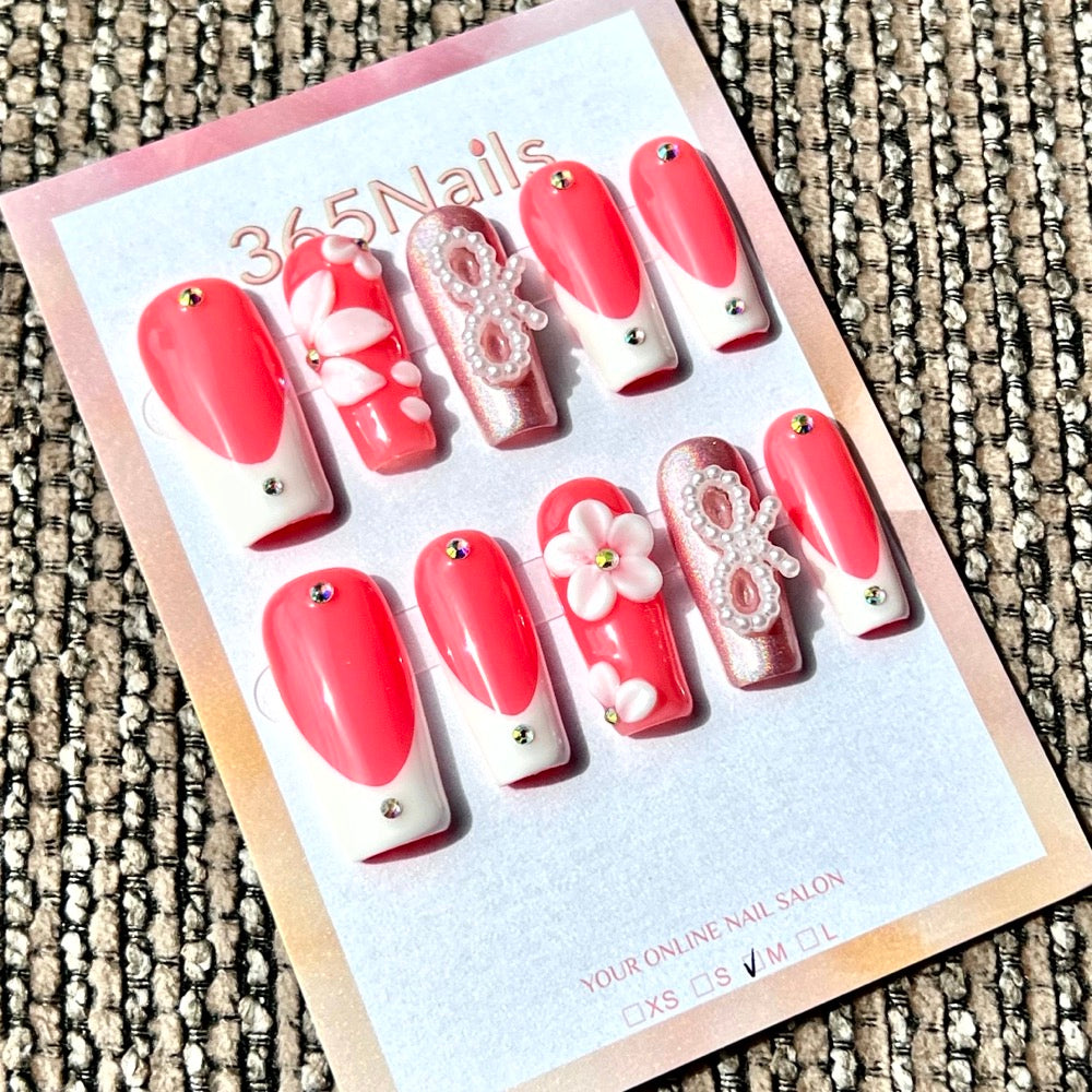 365nails: "Coral French Bloom" – Handmade Medium Square Press-On Nails