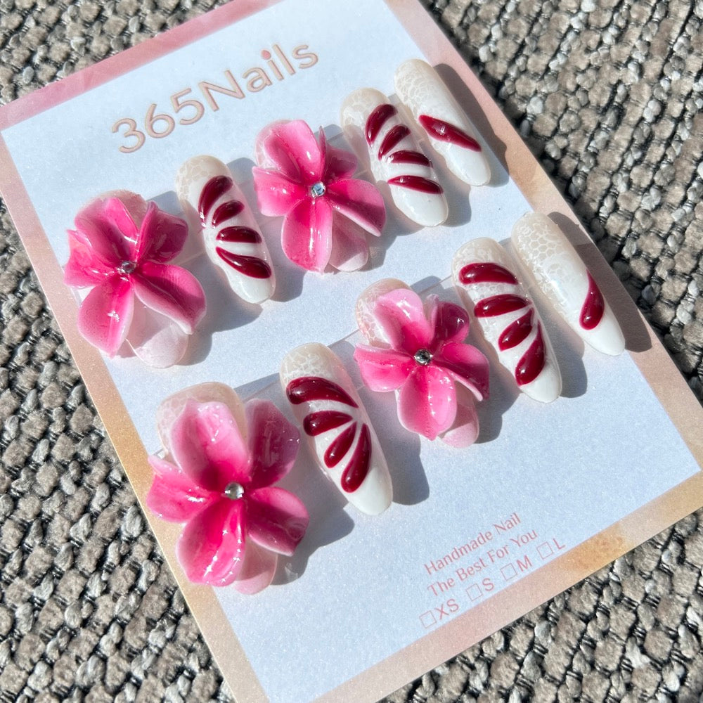 Sculpted Flora: "Crimson Petal & Pink Bloom" – 3D Pink Flowers & Deep Red Petals on Textured White Coffin Nails
