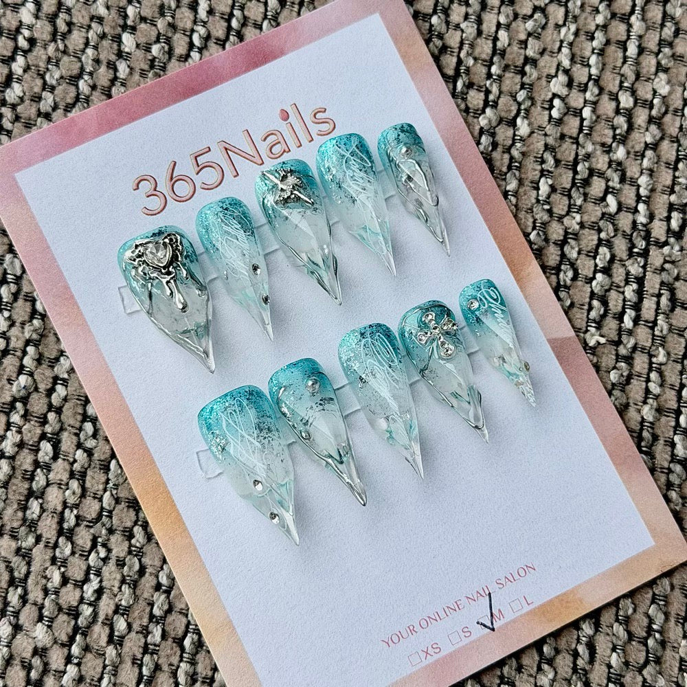 365nails: "Aqua Mist Cross Star Filigree" – 3D Silver Metal Charm Handmade Long Stiletto Nails