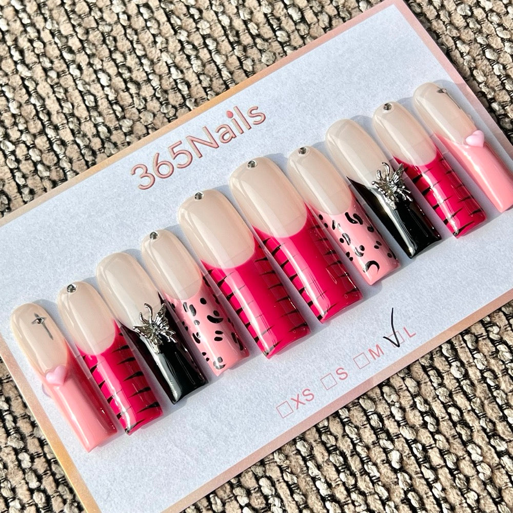 365nails: "Pink Black Leopard Butterfly Medium" – Handmade Medium Trapezoid Press-On Nails