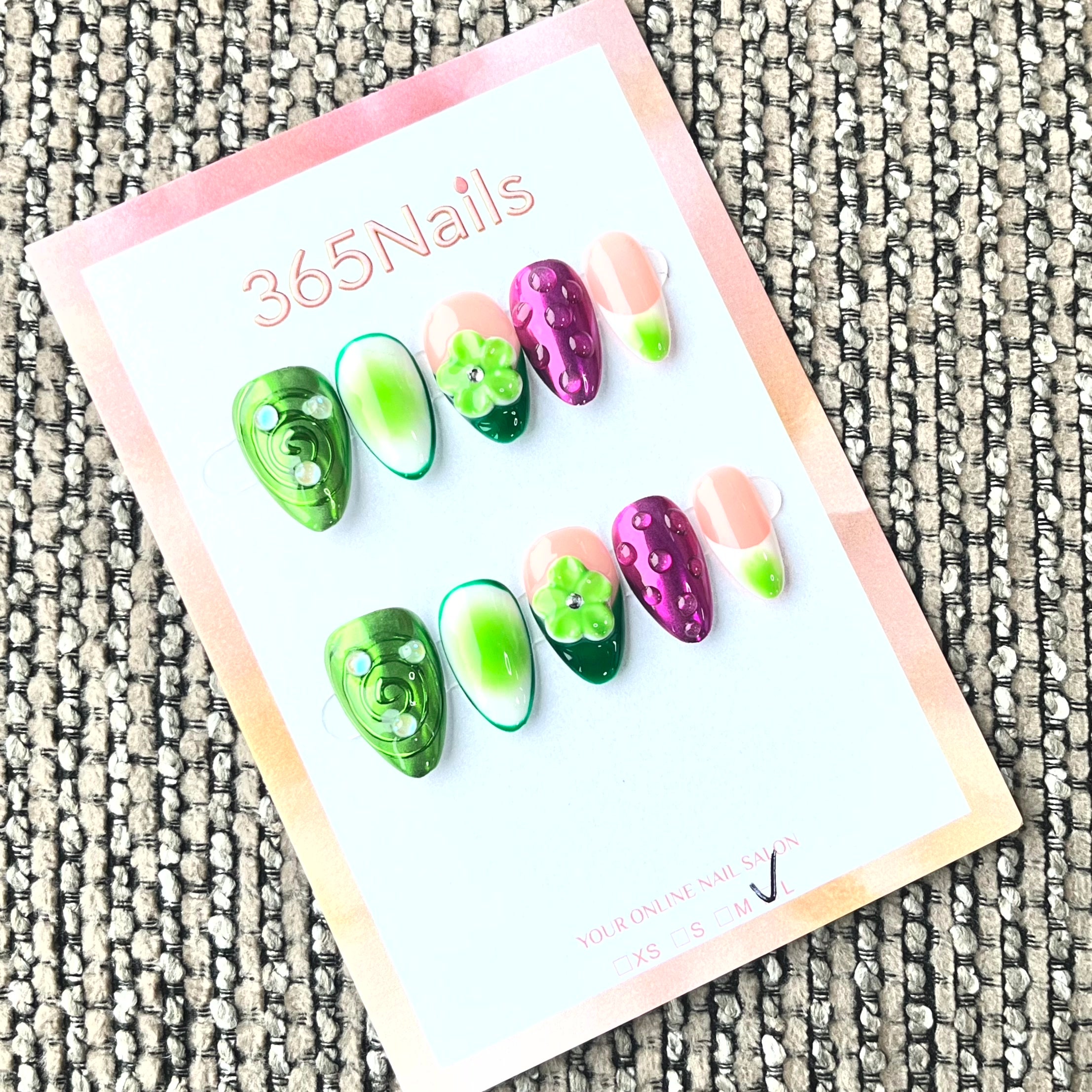 365nails: "Electric Garden" – 3D 플로럴 & 추상 수제 아몬드형 네일