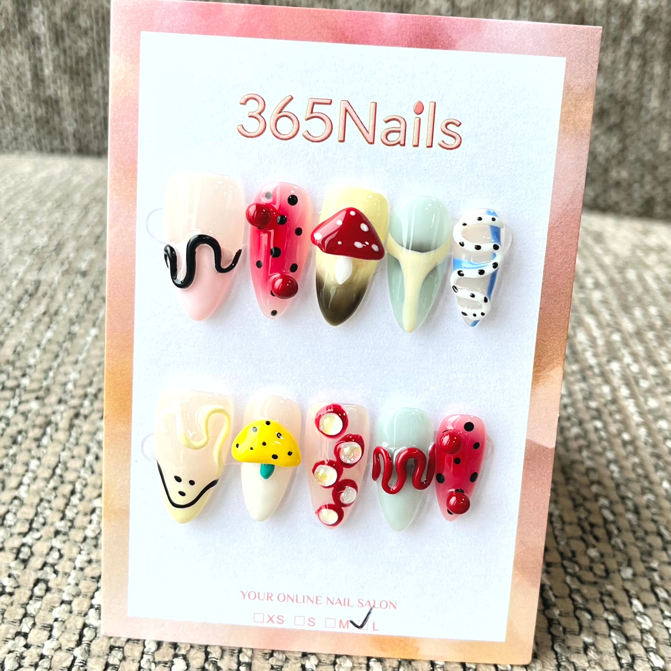 365nails: "Whimsical Forest" – 3D Mushroom & Doodle Handmade Almond Nails