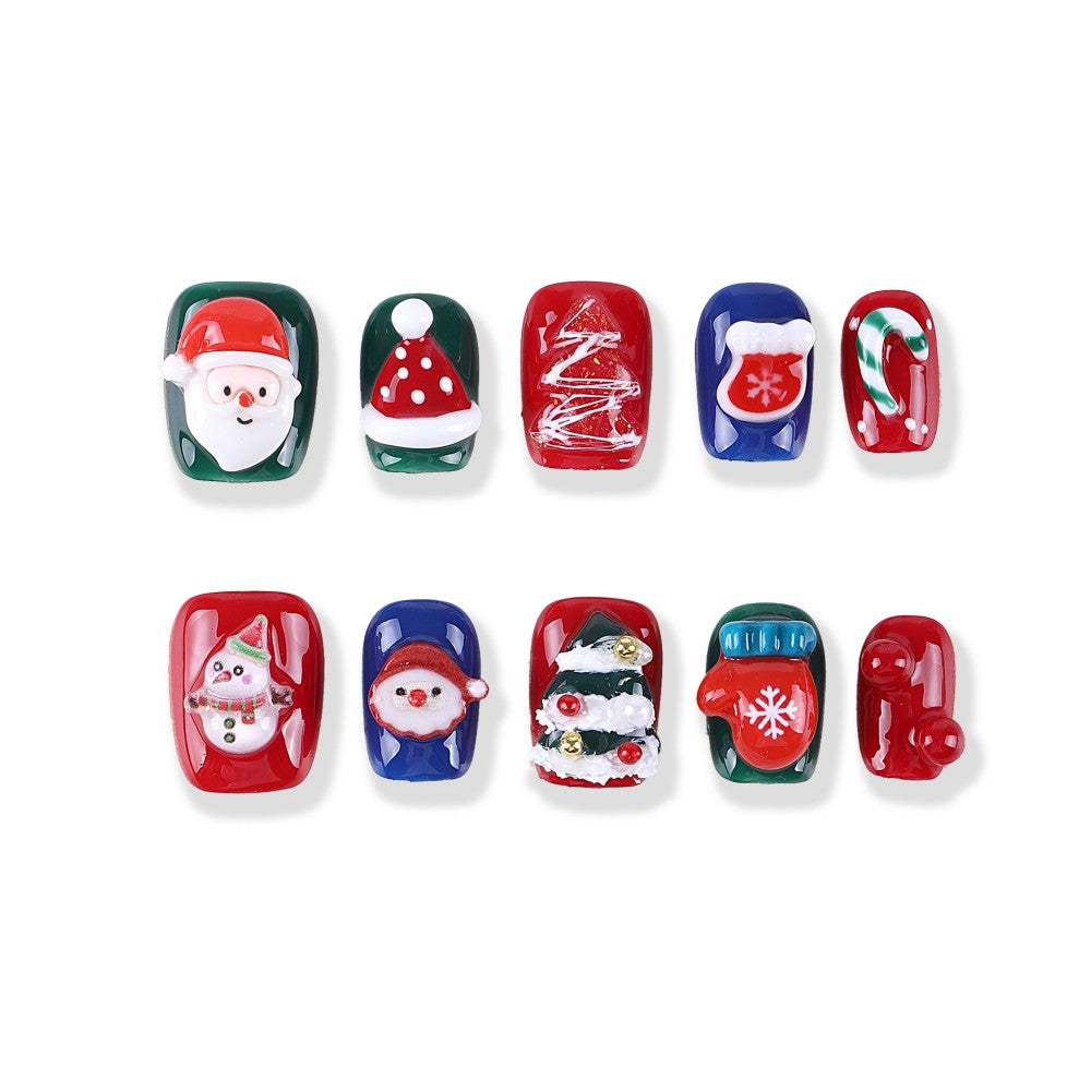 3D Red Green and Blue Short Square Candy Socks Snowman Christmas Tree press on nail