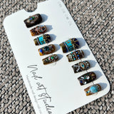 Artist Series: "Pharaoh's Treasure" – Antique Gold & Turquoise Gemstone Heavy Texture Handmade Nails
