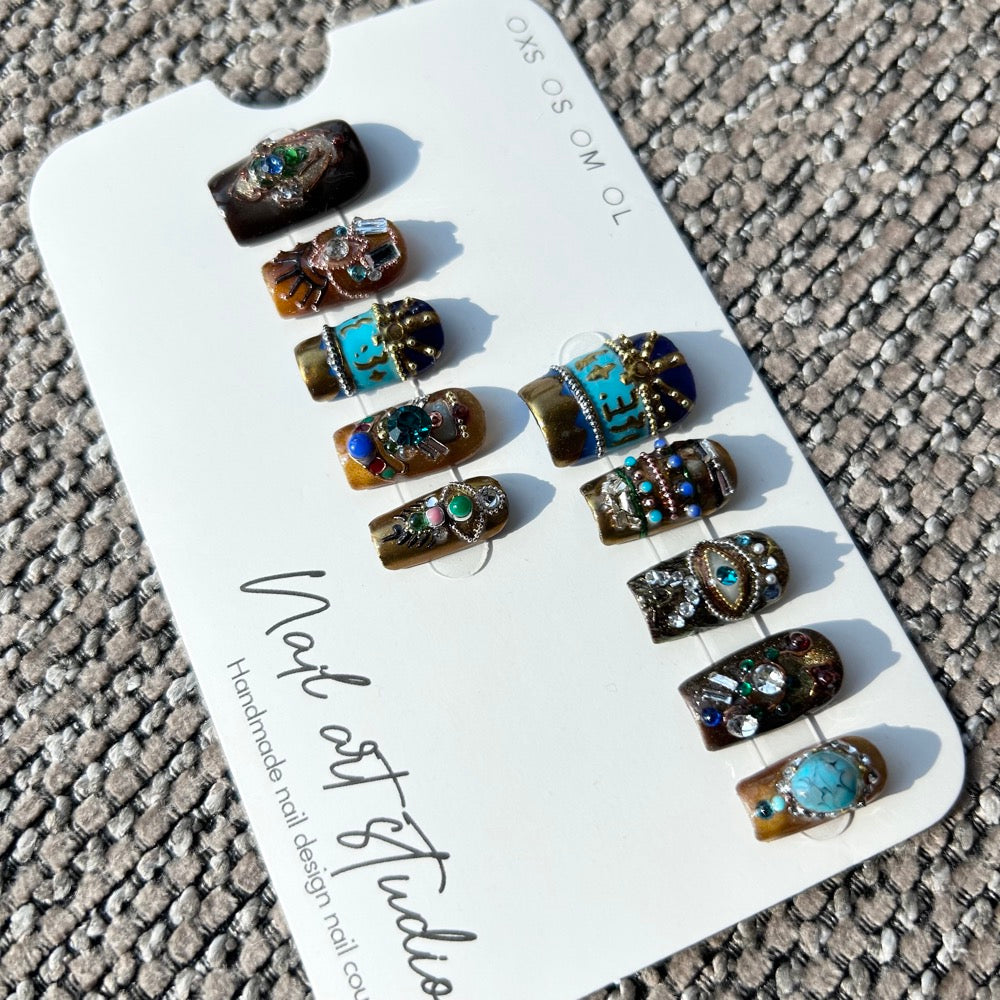 Artist Series: "Pharaoh's Treasure" – Antique Gold & Turquoise Gemstone Heavy Texture Handmade Nails