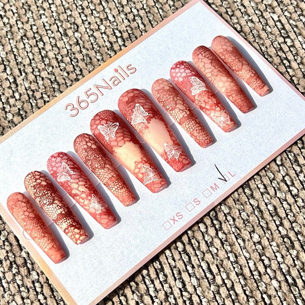 365nails: "Butterfly Lace Haze" – Red Nude Lace Butterfly Handmade Coffin Nails
