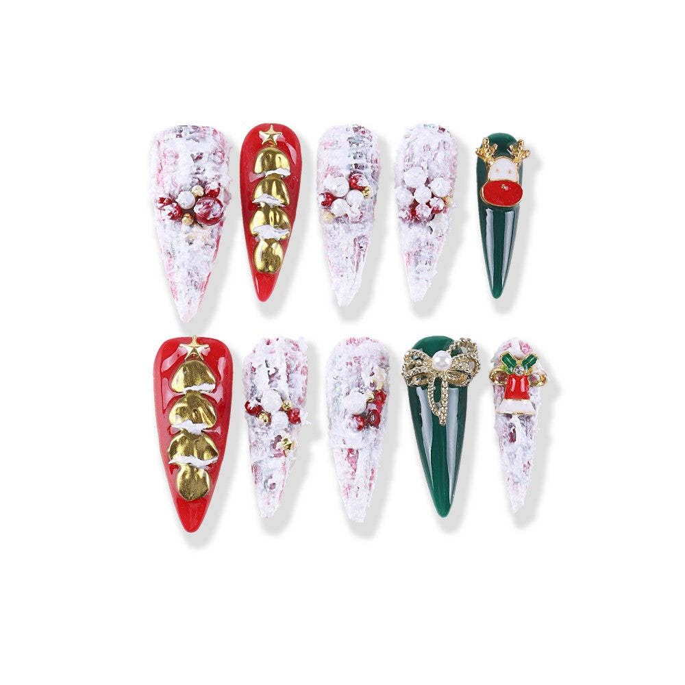 Christmas snow scene long pointed red and green with gold bells press on nails