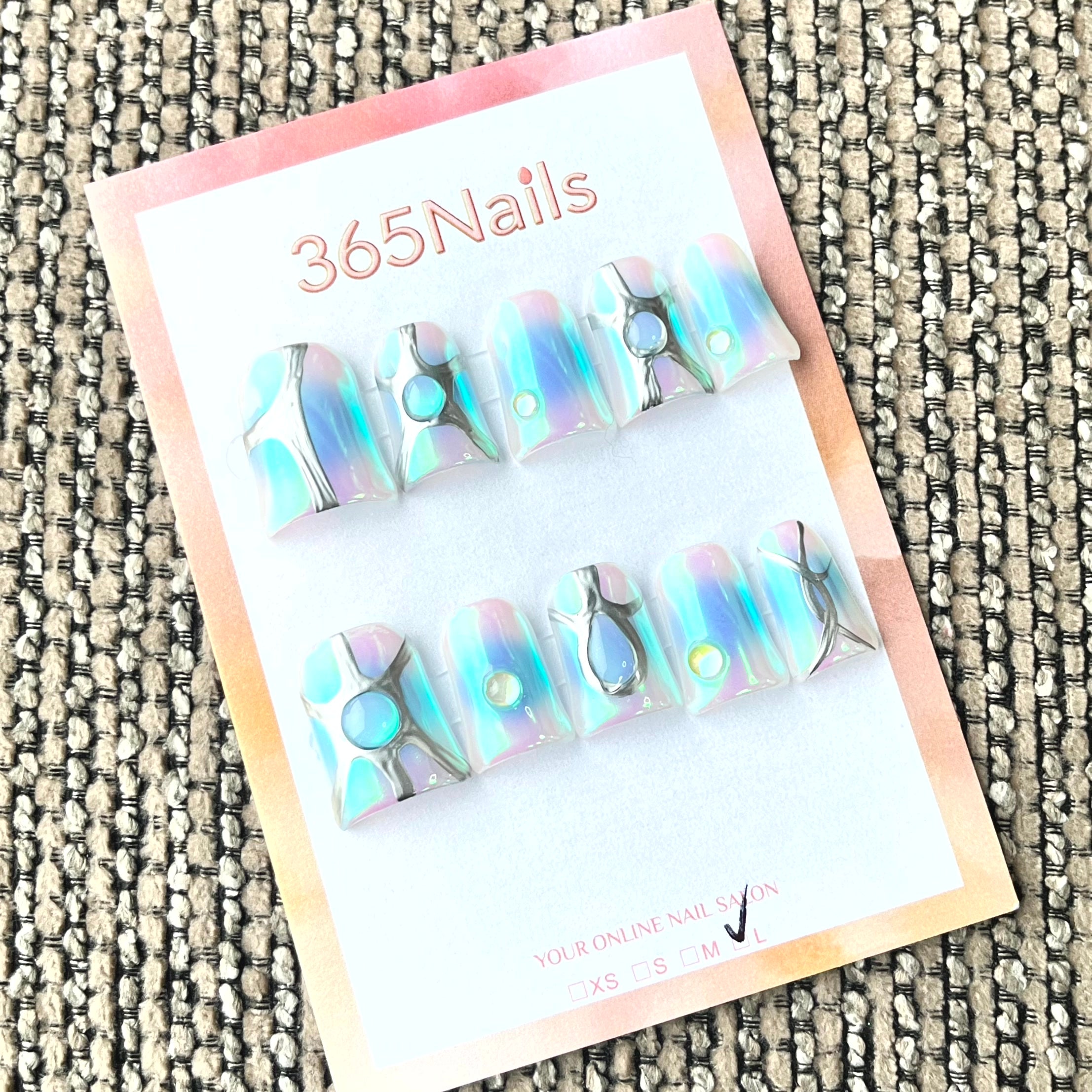 365nails: 무지갯빛 드림 – 3D 메탈릭 & 오팔 수제 스퀘어형 네일