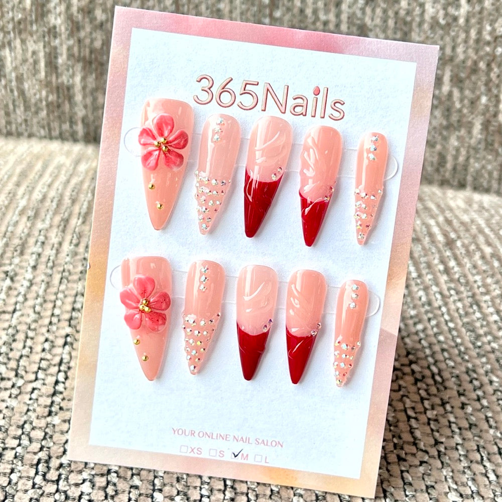 "Crimson Floral & Rhinestone" - Wholesale Ultra-Soft Flexible Fit Handmade Nails (MOQ=100)