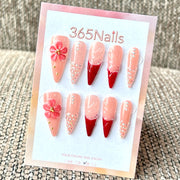 "Crimson Floral & Rhinestone" - Wholesale Ultra-Soft Flexible Fit Handmade Nails (MOQ=100)