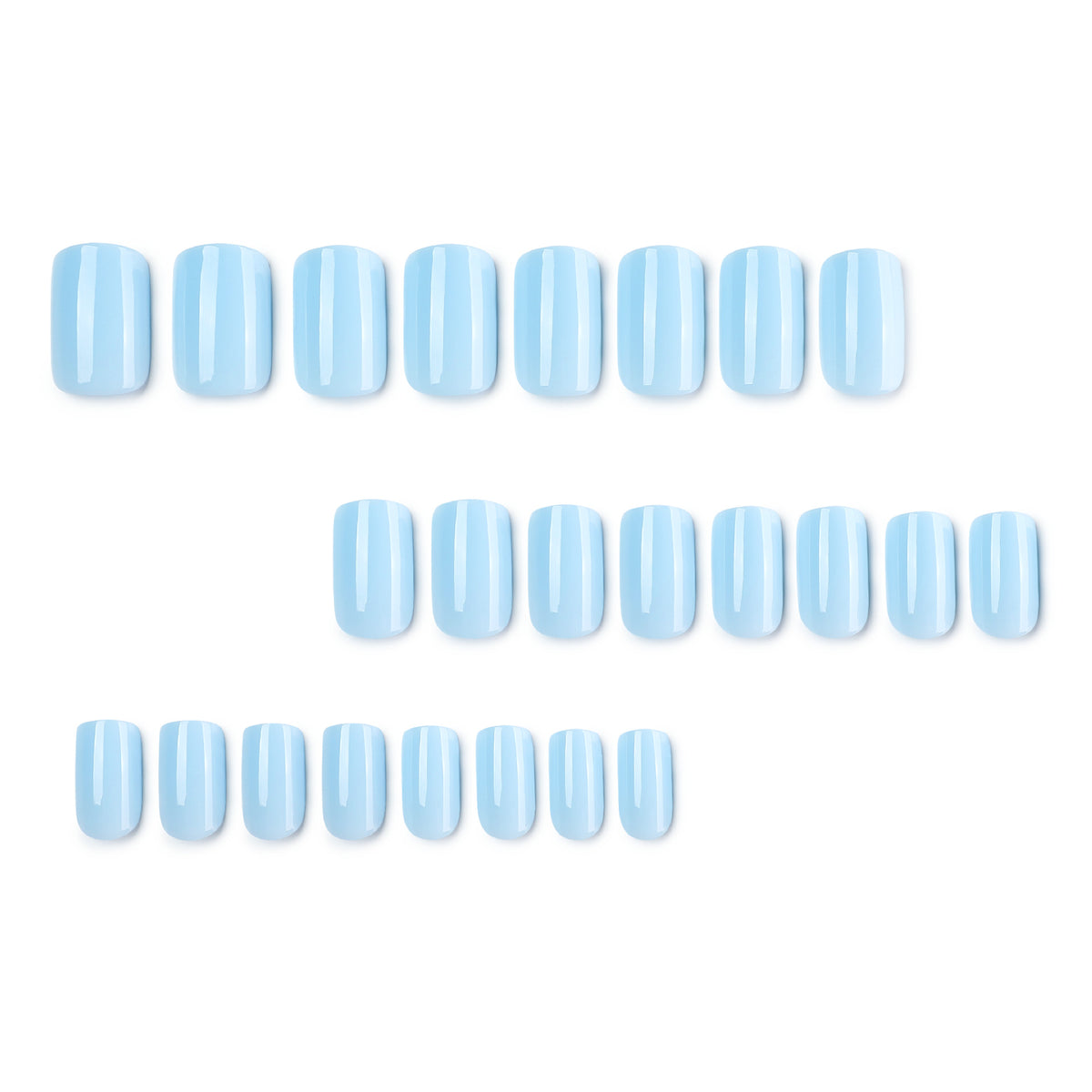 Set of 24 light blue square nail tips arranged in rows.